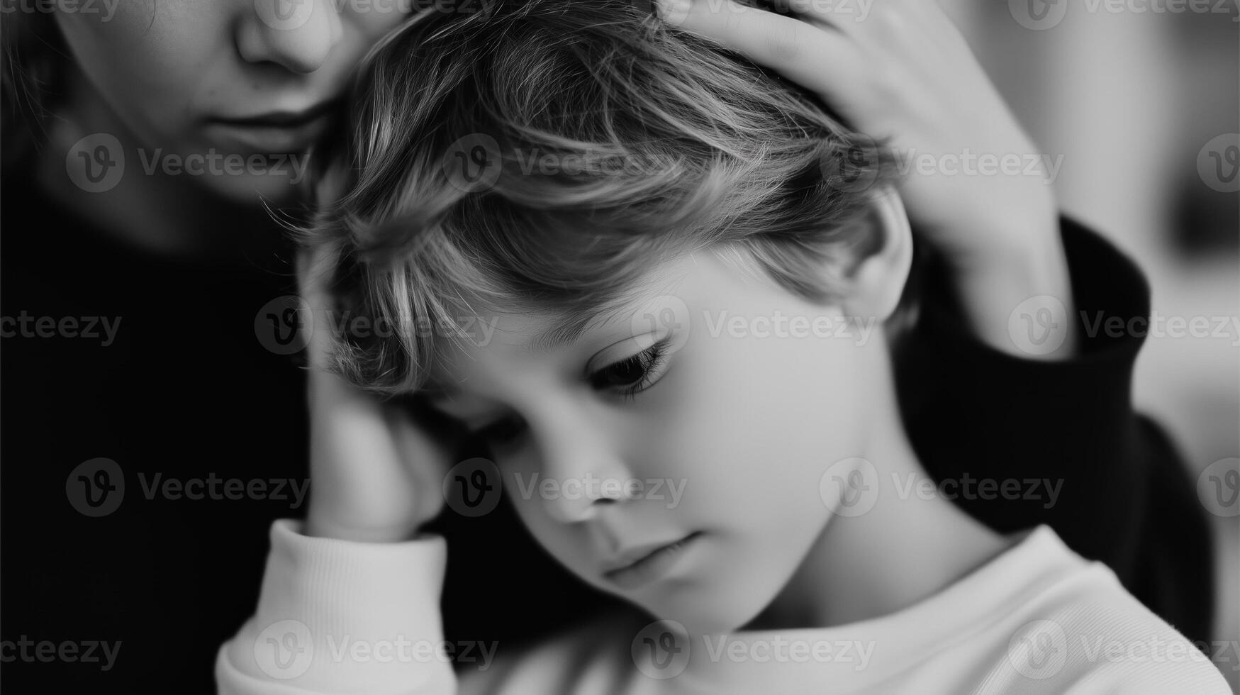 Mother comforting her son during a tender moment in a cozy indoor setting on a quiet afternoon photo