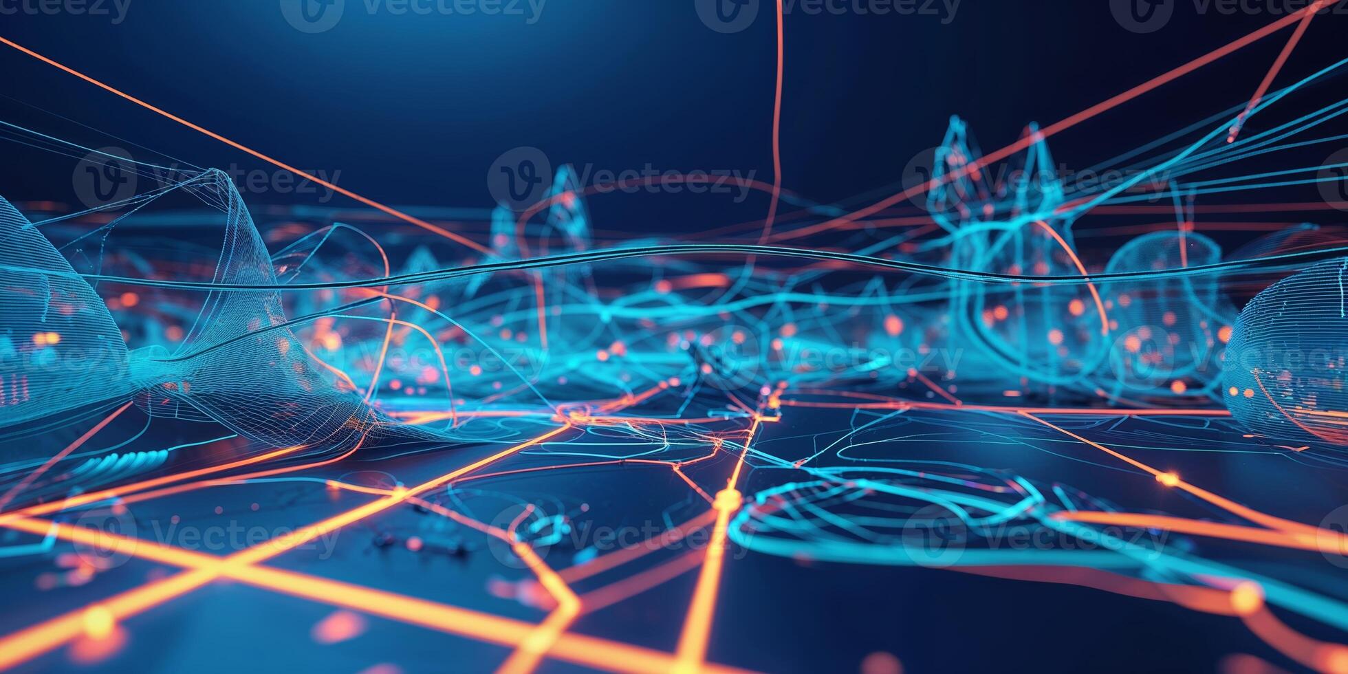 Colorful abstract digital landscape with glowing lines and nodes representing data flow and technology concepts photo
