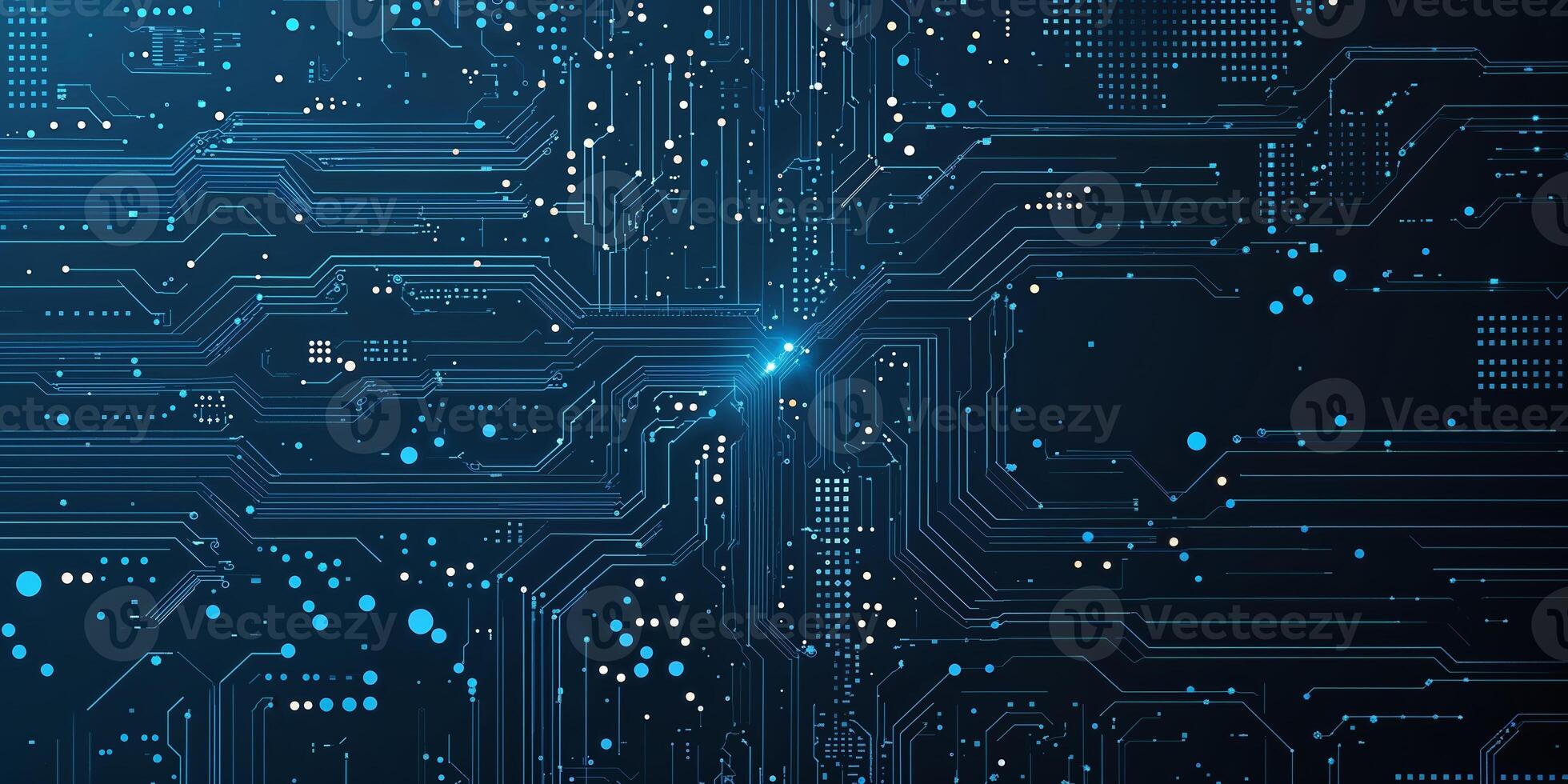 Complex circuit board design with blue tones and intricate patterns showcasing modern technology photo