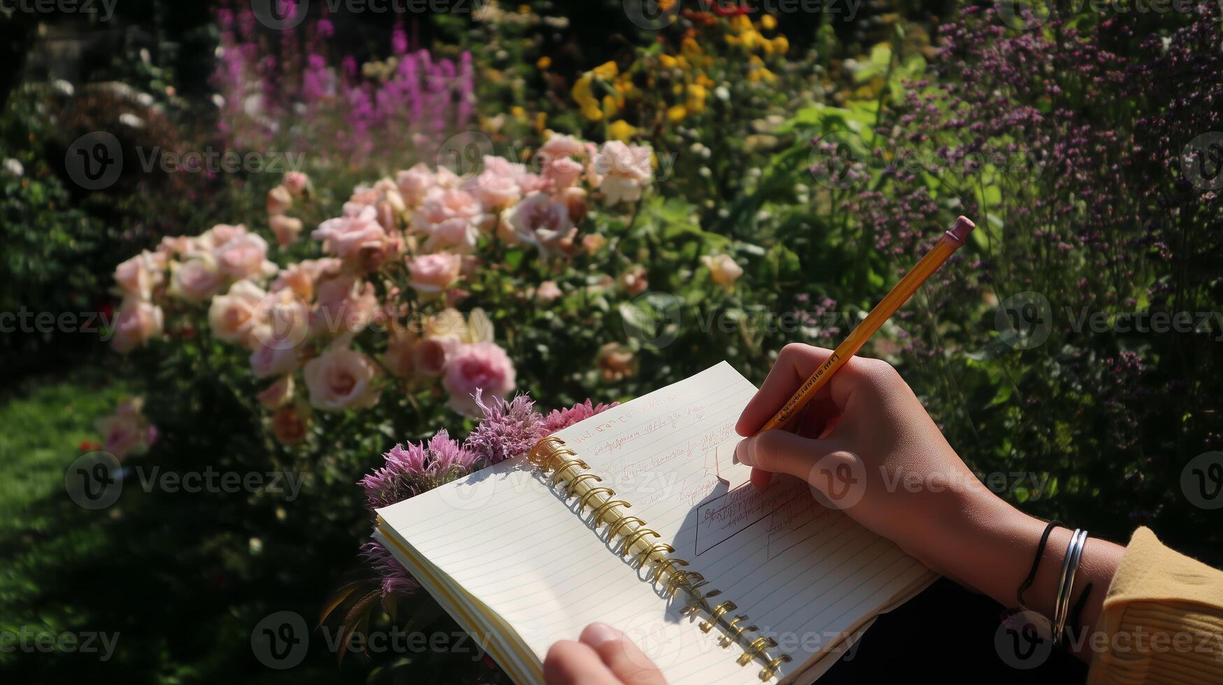 Capturing nature's beauty in a notebook while surrounded by vibrant flowers in a sunny garden setting photo