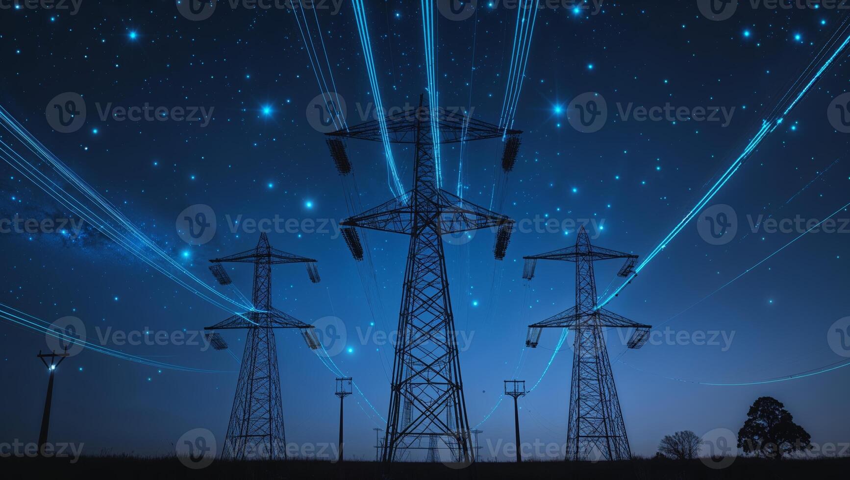 Power lines under a starry night sky with glowing energy trails illuminating the dark landscape photo