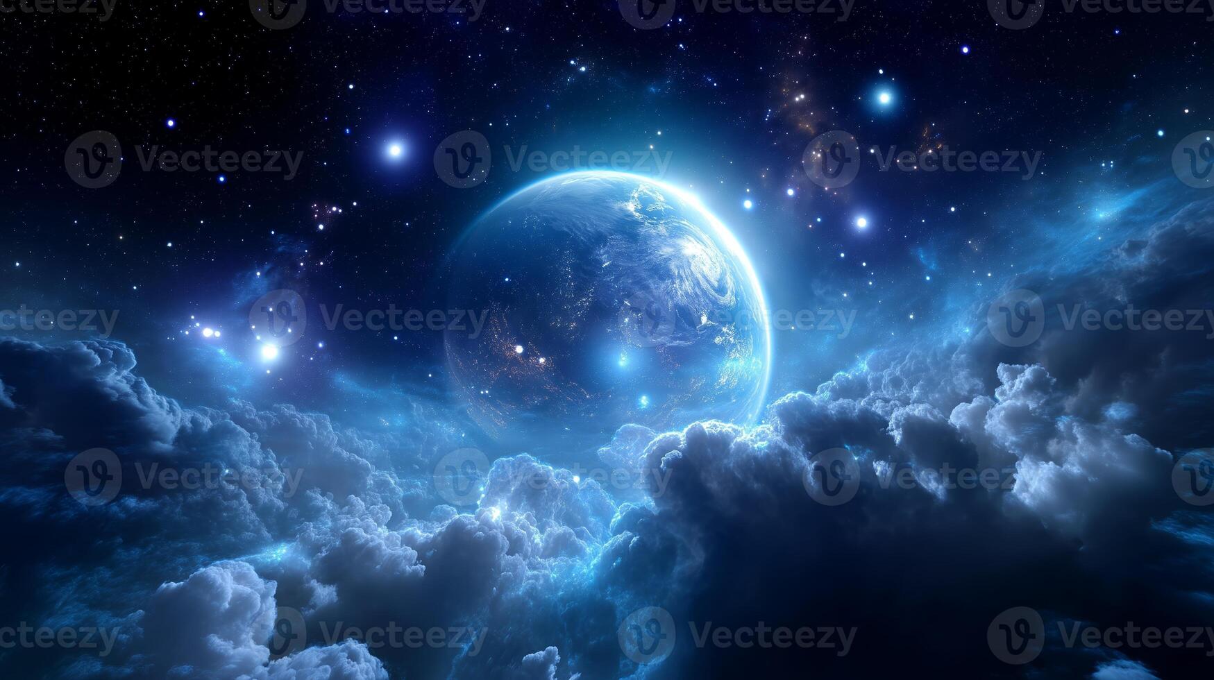 Wonder of the cosmos with a glowing planet surrounded by vibrant clouds and stars in deep space at nighttime photo