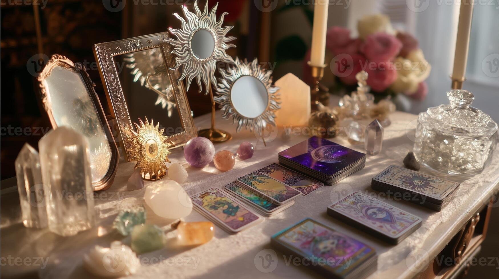 Mystical tarot card reading setup with crystals and sun motifs at a serene indoor space photo