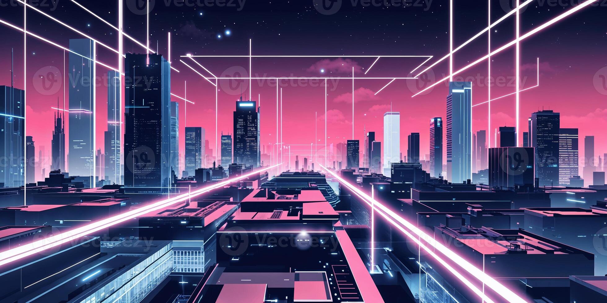 Futuristic city skyline with neon lights and vibrant colors at dusk photo