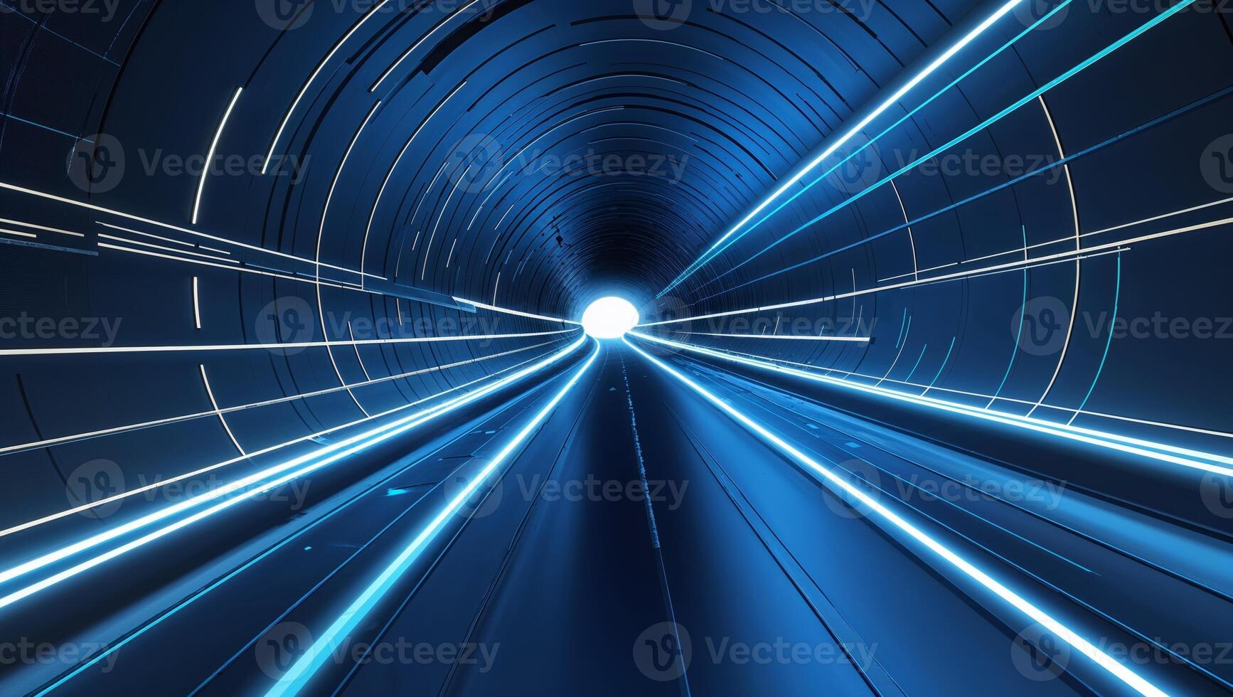 Vibrant blue tunnel with glowing lines leading to bright light in a futuristic setting photo