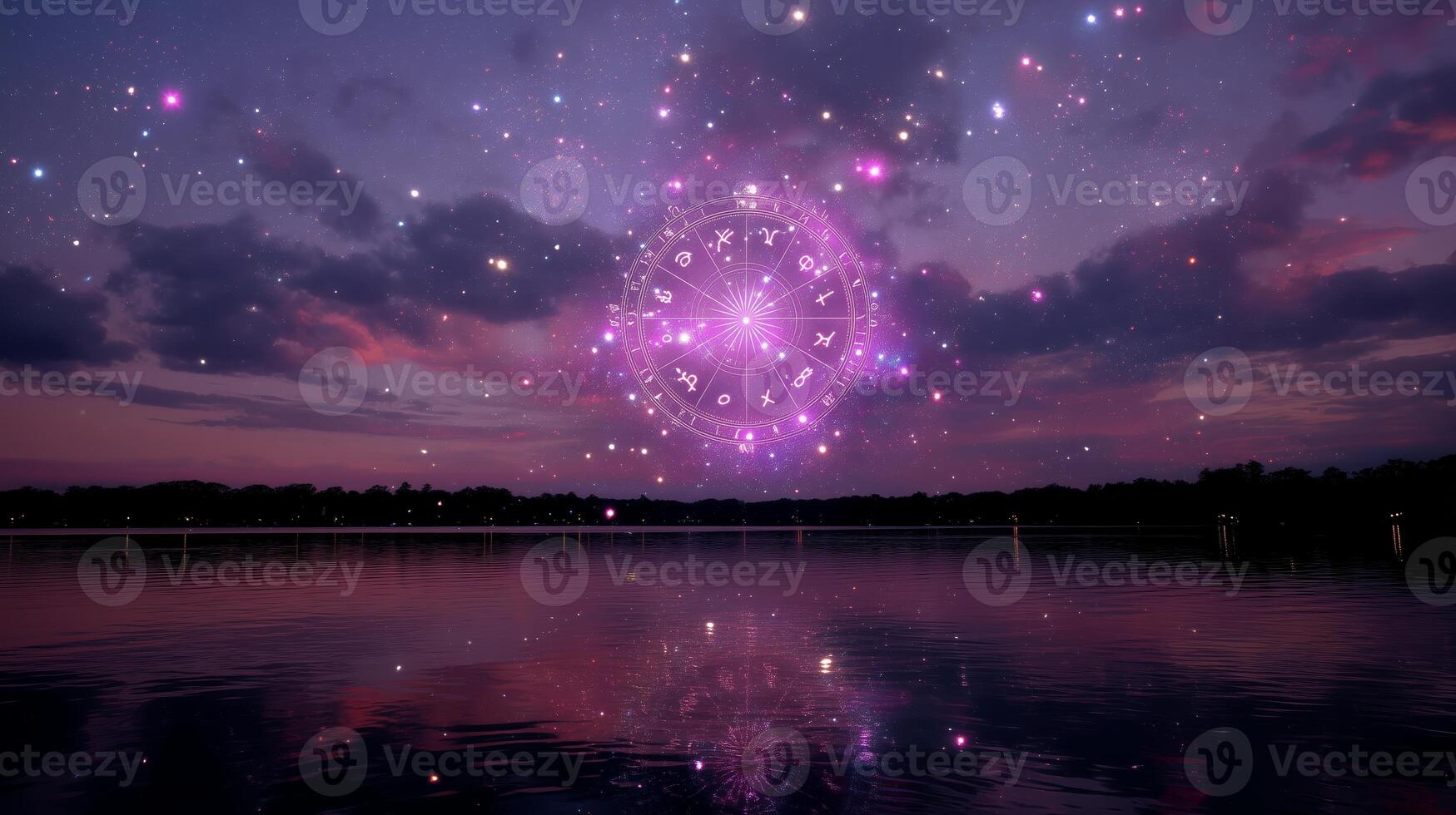 Starry night over a tranquil lake reveals a mystical cosmic symbol illuminating the sky at twilight photo