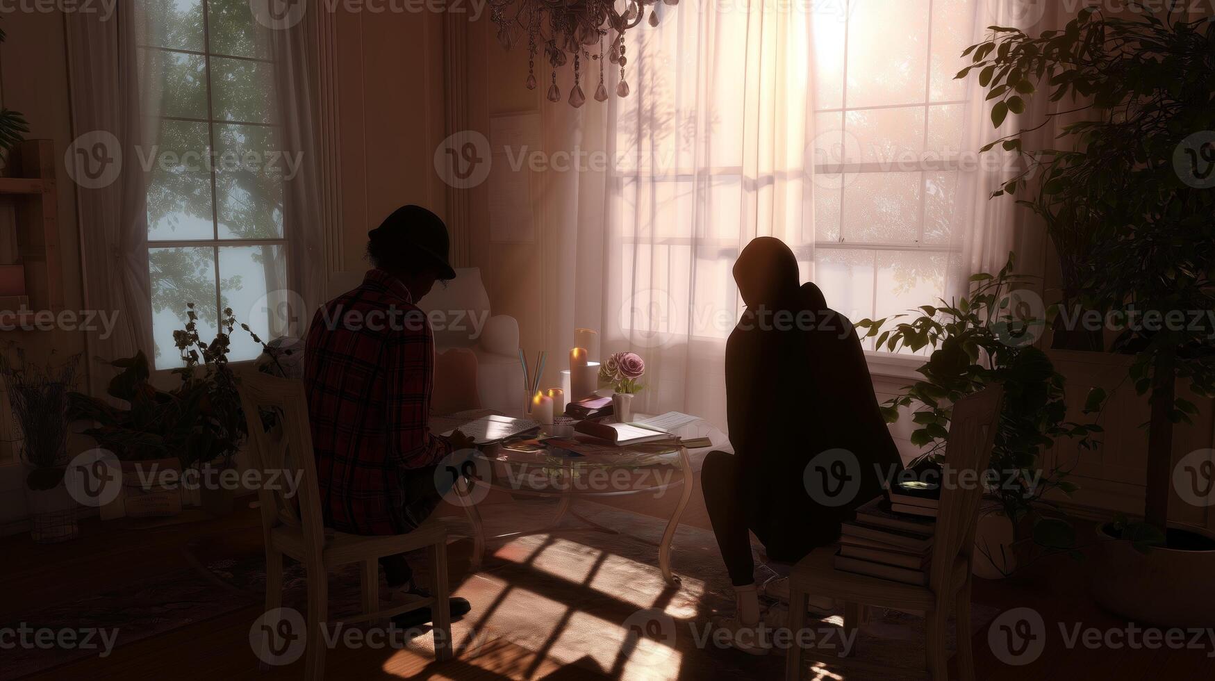 Warm evening discussion between two friends in a cozy room surrounded by plants and soft light photo