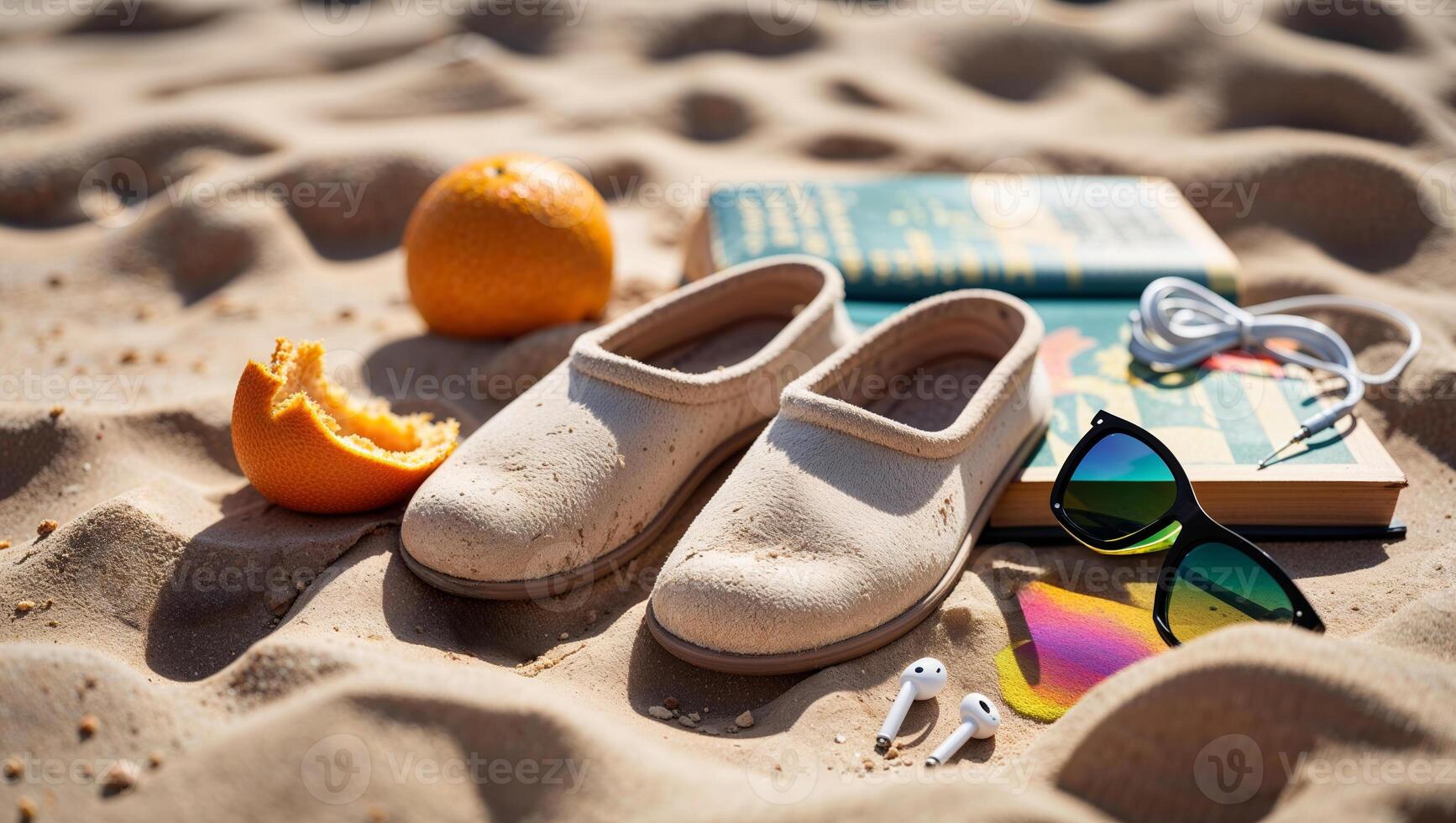 Relaxing summer day with shoes, an orange, a book, and earbuds on sandy beach photo