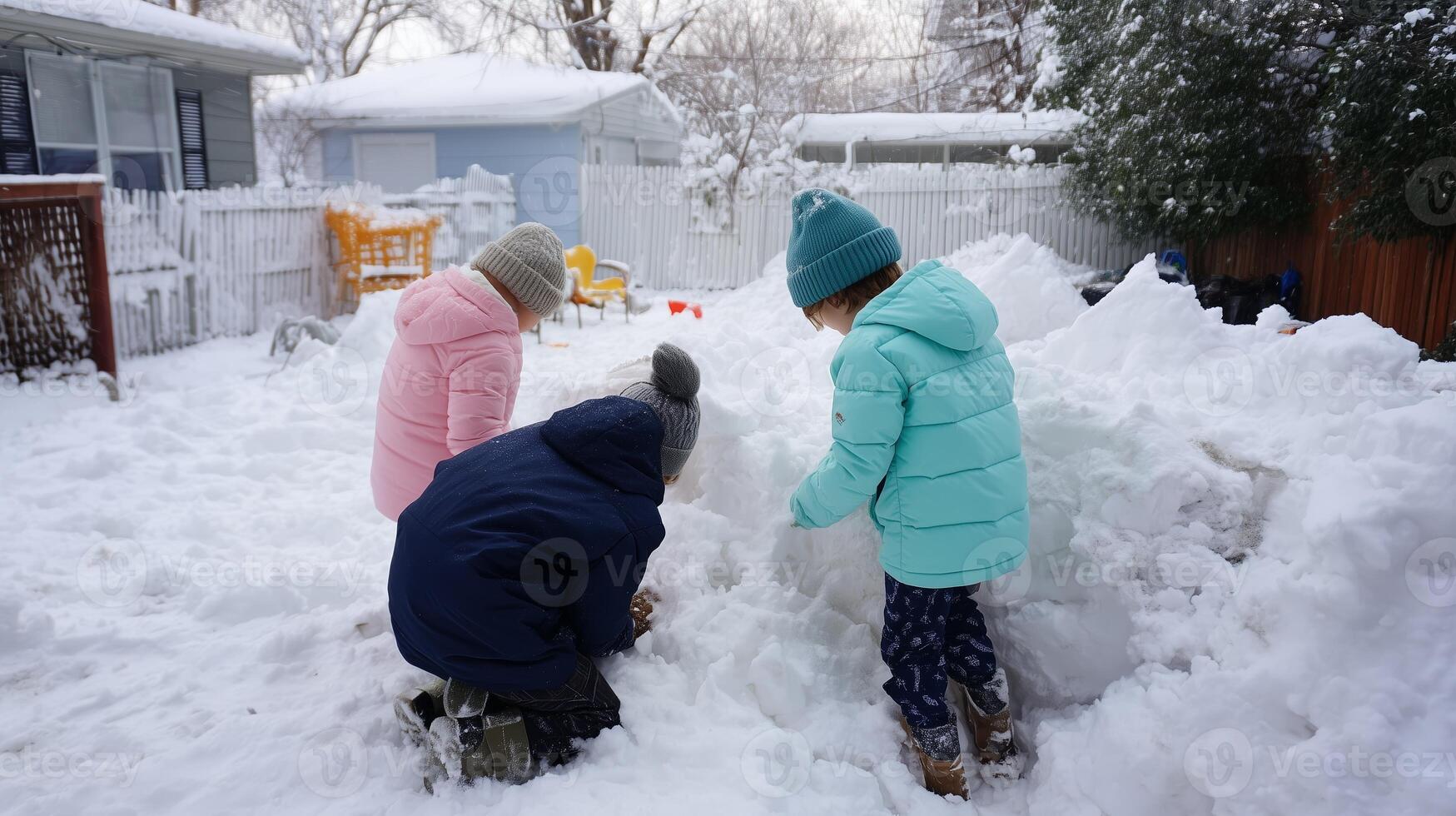 Kids building a snow fort in the backyard on a winter afternoon after a heavy snowfall photo
