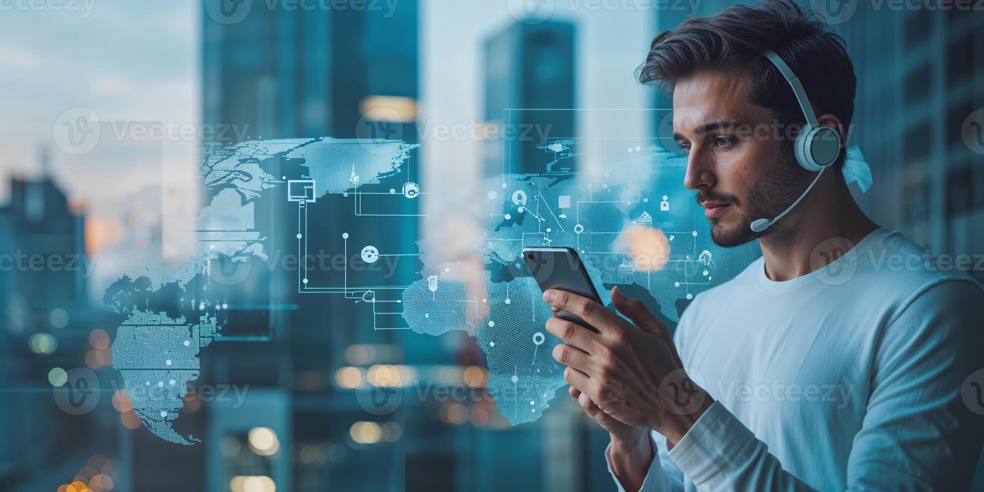 Man with headset uses smartphone while standing by window in urban setting during twilight, showcasing digital connection photo