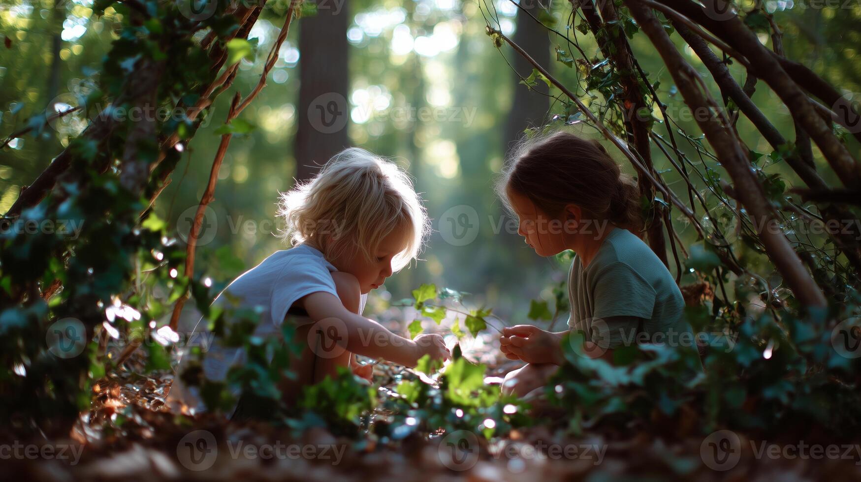 Children explore nature in a wooded area while playing and learning about plants in afternoon sunlight photo