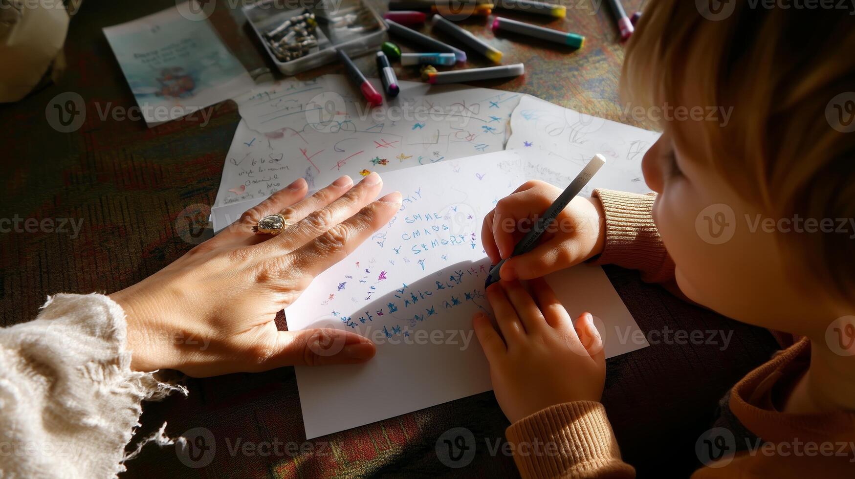 Child engages in creative writing while adult provides guidance at home during afternoon hours photo