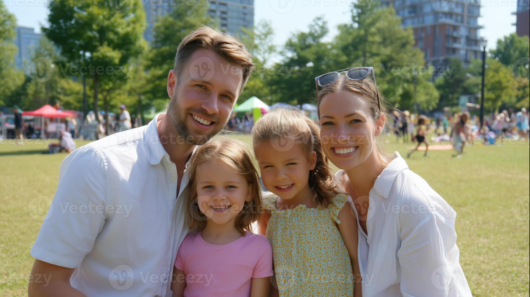 Family enjoys a sunny day in the park while smiling happily together with children playing nearby photo