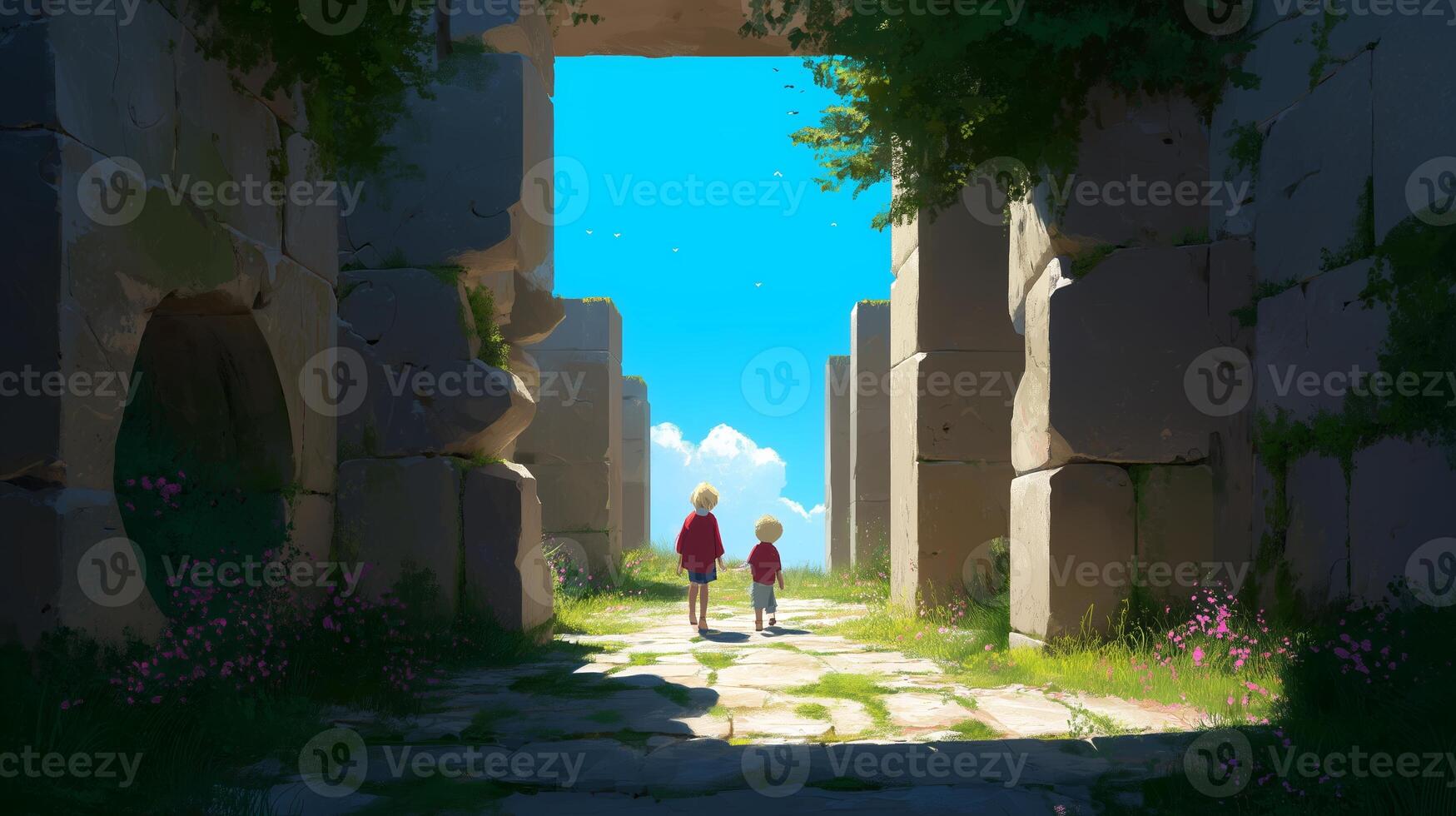 Two children explore ancient stone ruins under a bright blue sky with fluffy clouds in the background during a sunny day photo