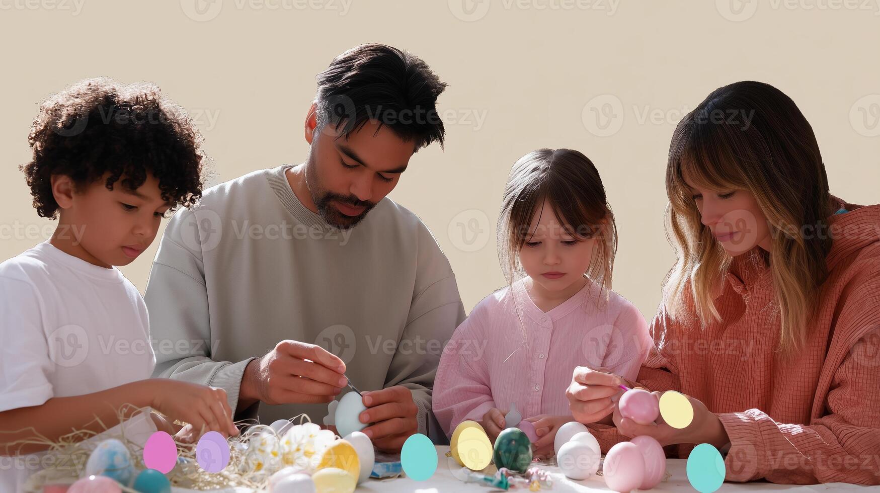 Family engages in Easter egg decorating at home during springtime celebration with children's joy and creativity photo