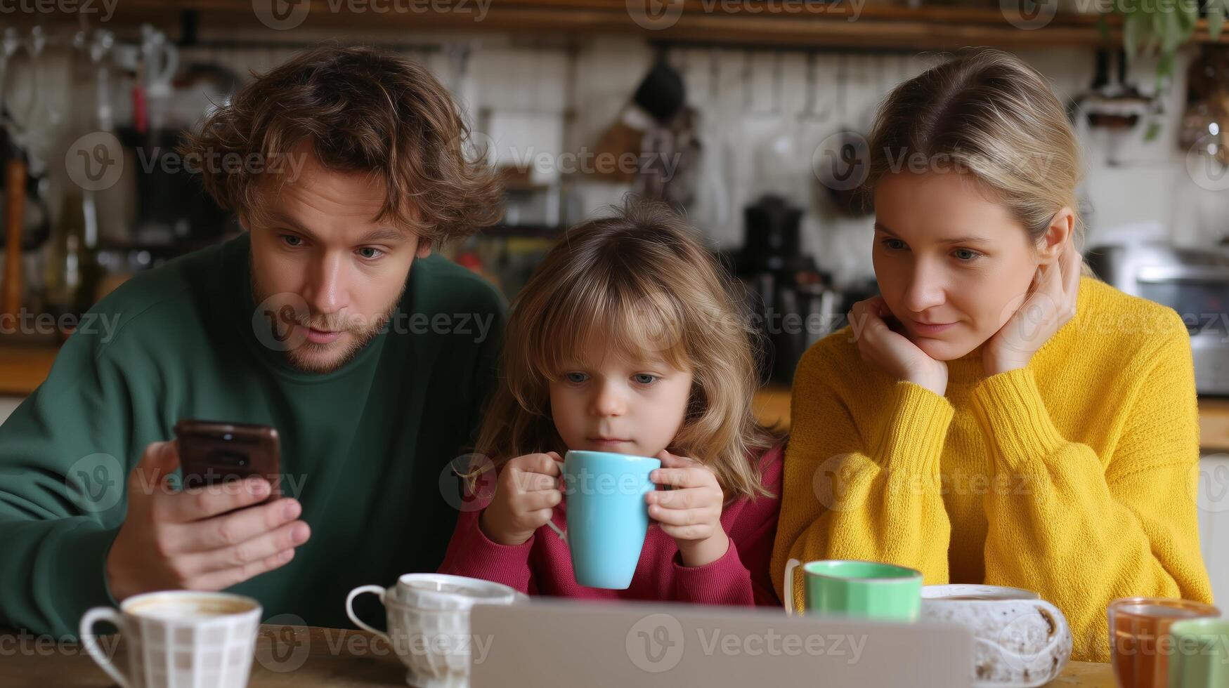 Family enjoys a cozy morning together while looking at a smartphone and sipping drinks in a warm kitchen photo