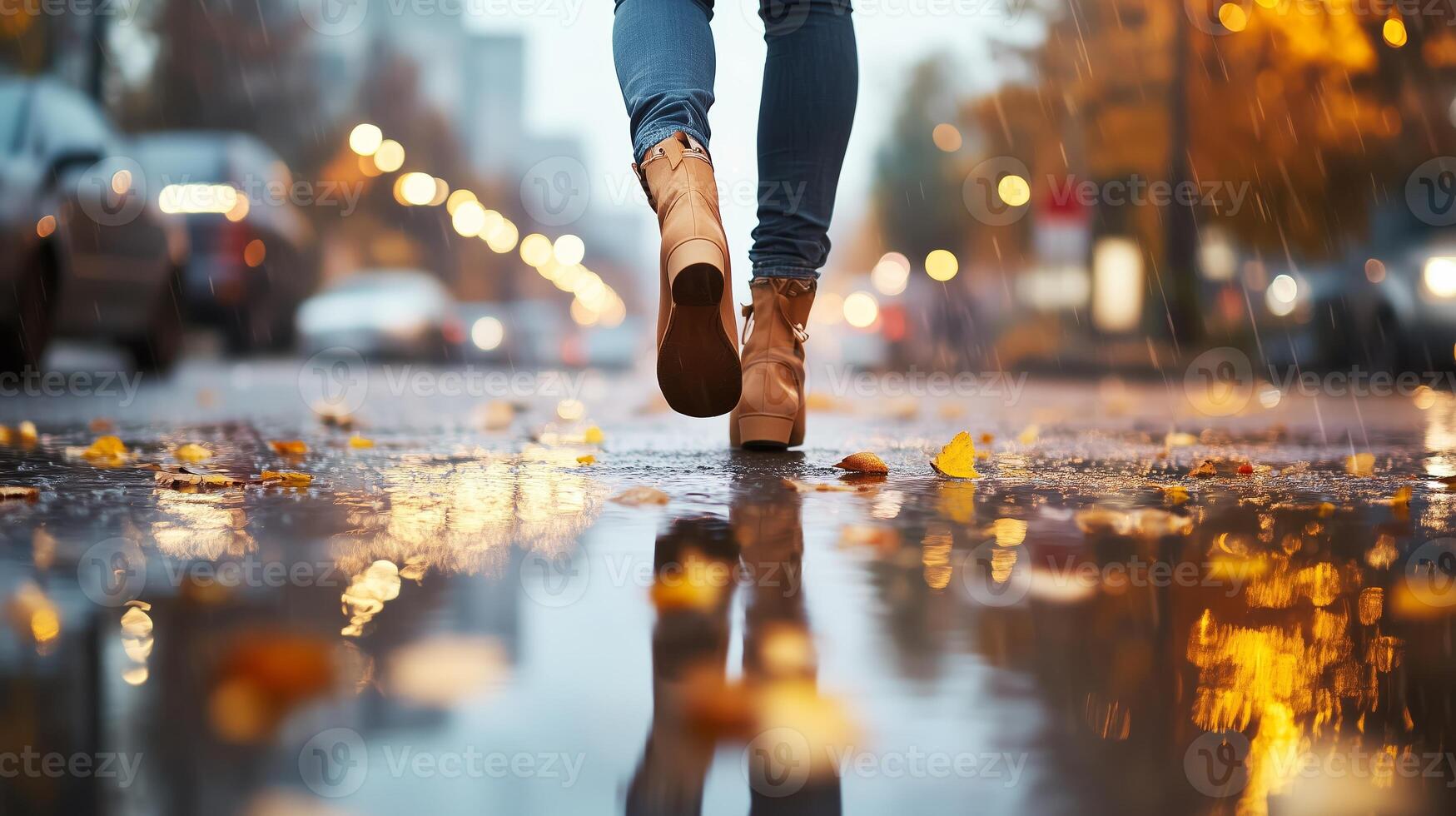 Walking through a city in autumn rain with reflections on wet pavement and fallen leaves on a grey day photo