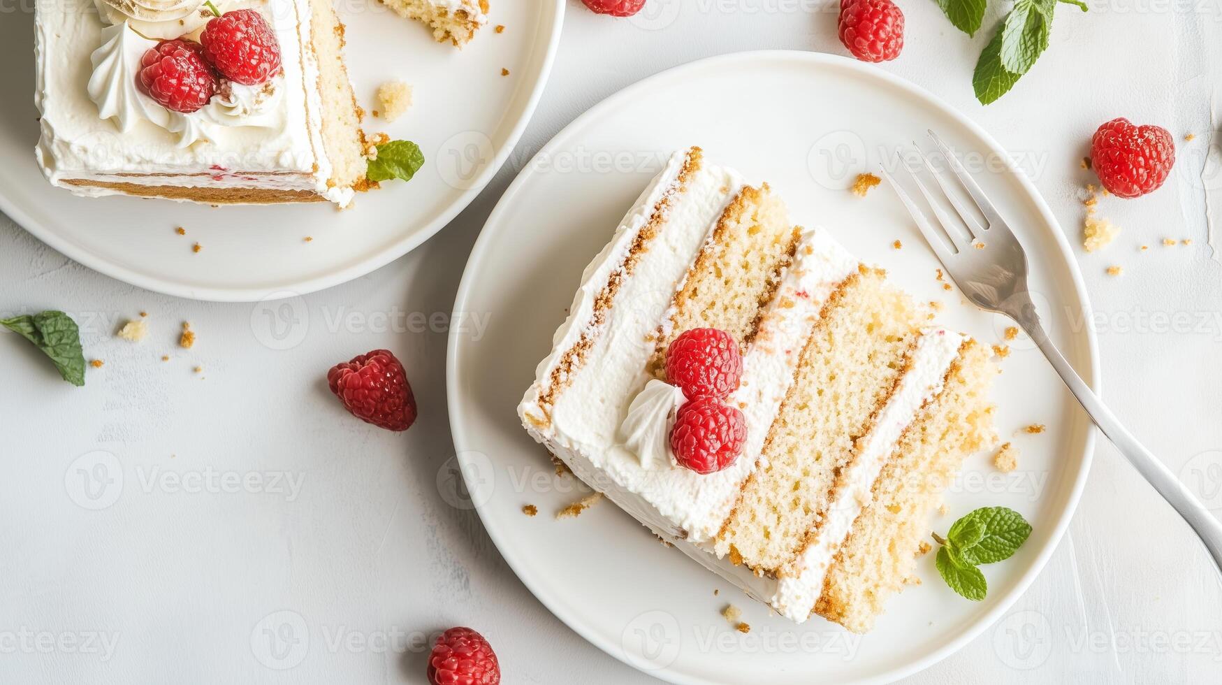 Delicious raspberry cake slices served on white plates with fresh mint leaves and raspberries, perfect for dessert lovers photo