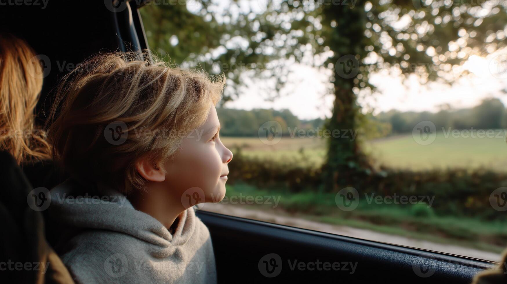 Child enjoying a scenic view from the car during a road trip in the countryside at sunset photo