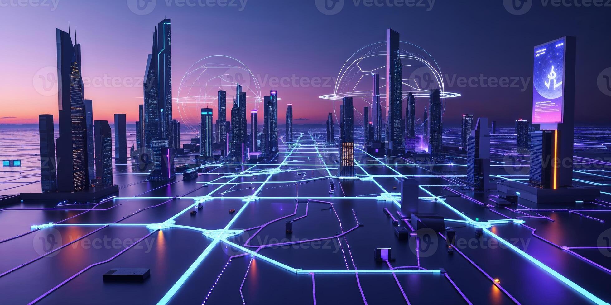 Futuristic cityscape illuminated by neon lights and technology at twilight photo