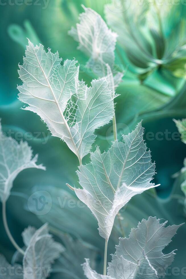 Delicate translucent leaves displaying intricate textures against a soft ethereal background in nature photo