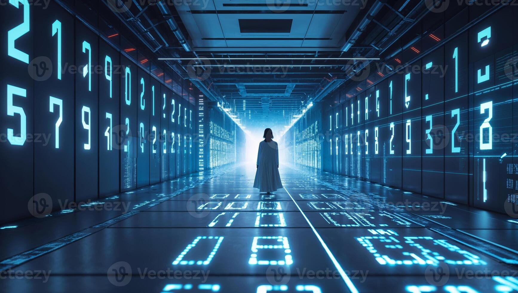 Digital realm exploration in a futuristic data corridor illuminated by glowing numbers and codes at night photo