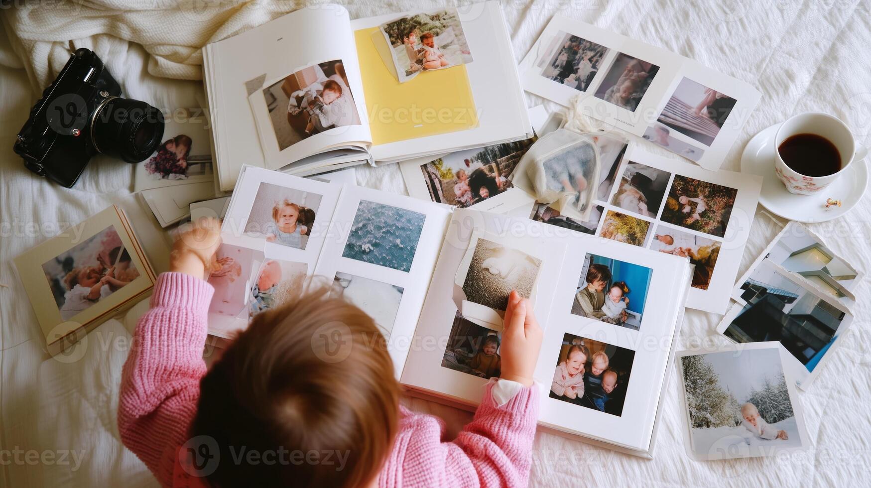 Child explores family memories through photographs at home on a cozy afternoon photo
