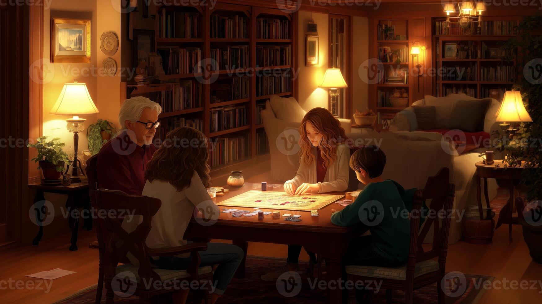Family game night in a cozy living room with warm lighting and bookshelves filled with literature photo