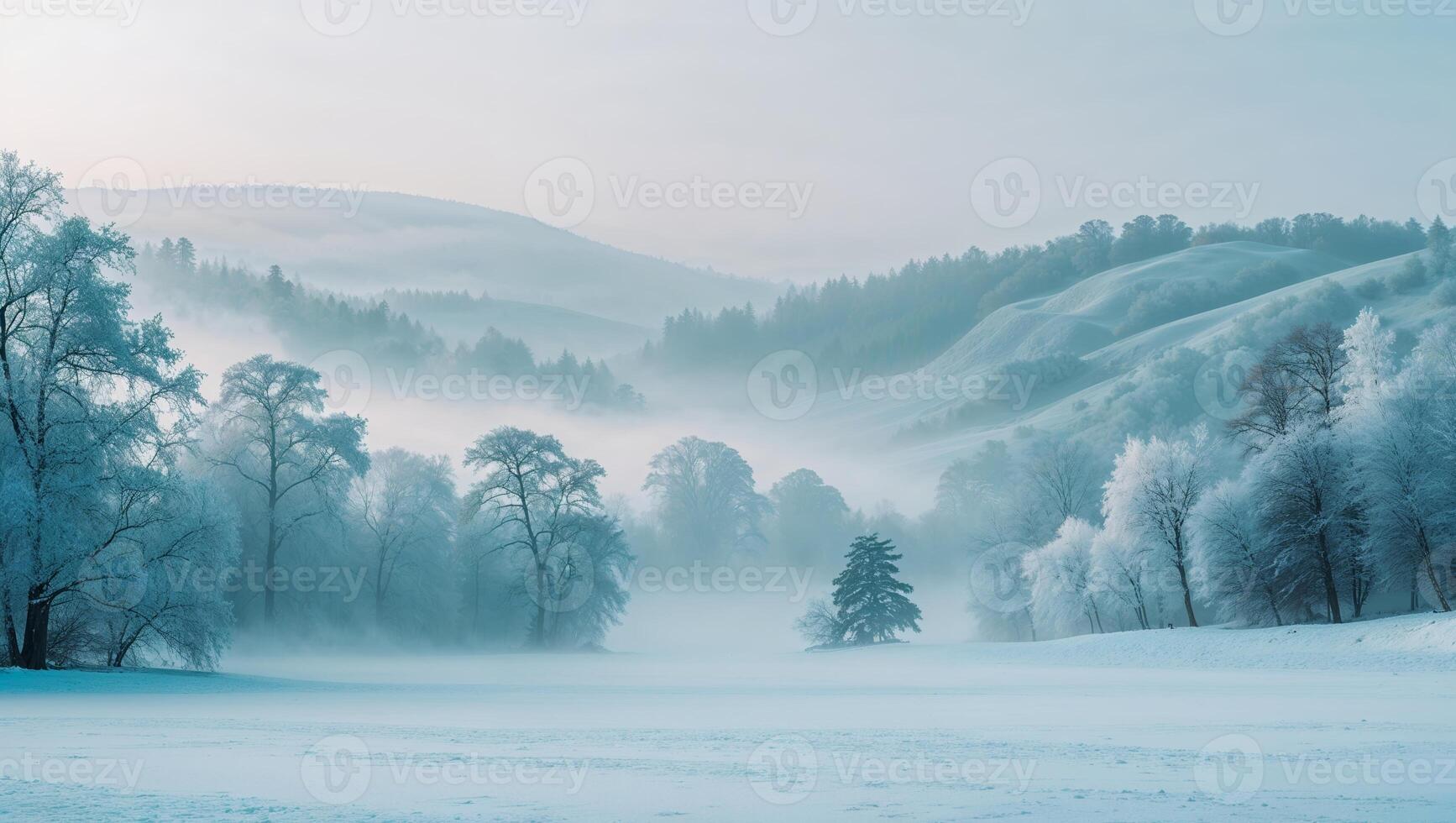 Winter landscape featuring misty mountains and frosted trees in a serene atmosphere photo
