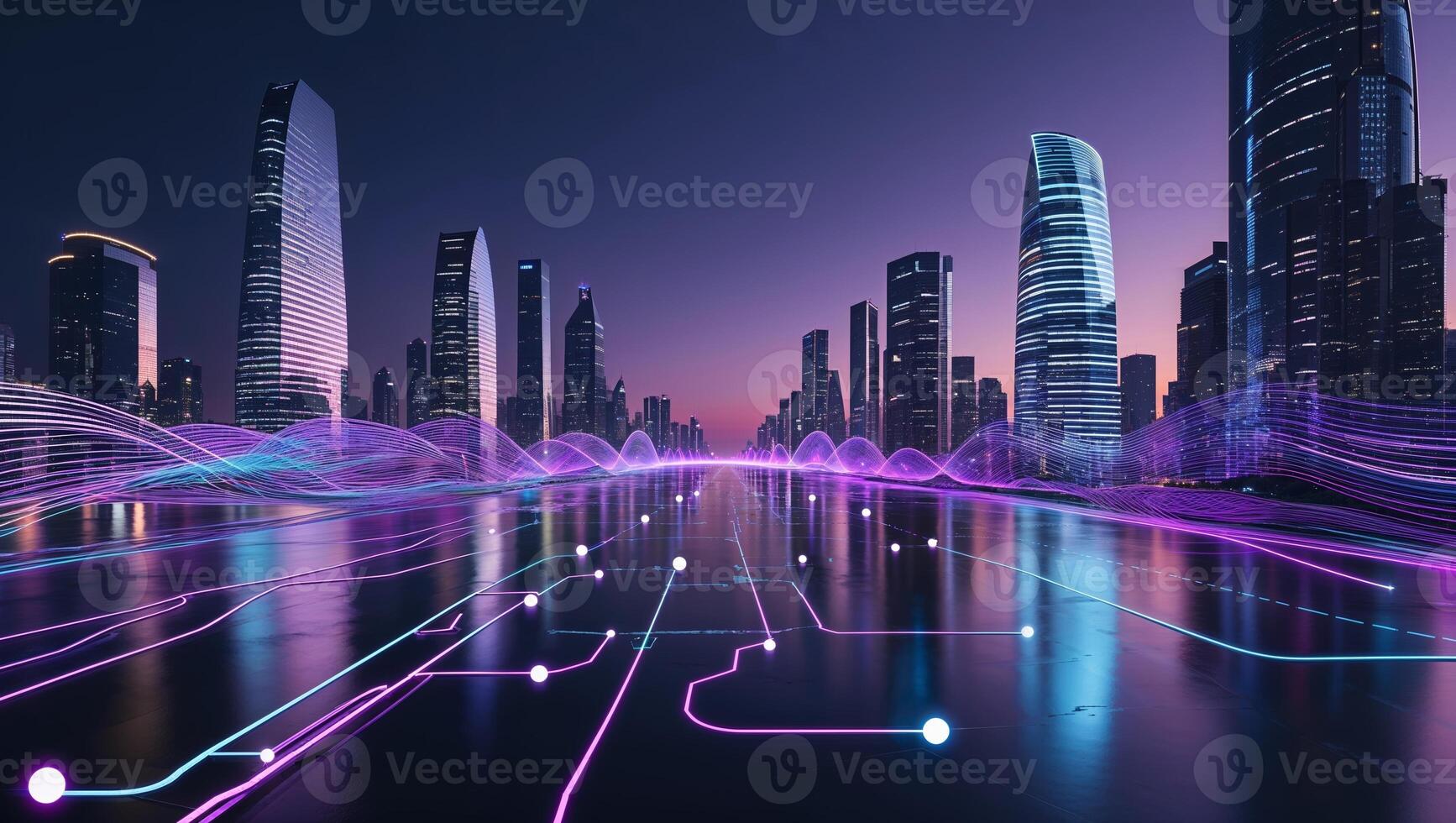 Urban skyline at dusk with vibrant digital connections spanning a cityscape photo