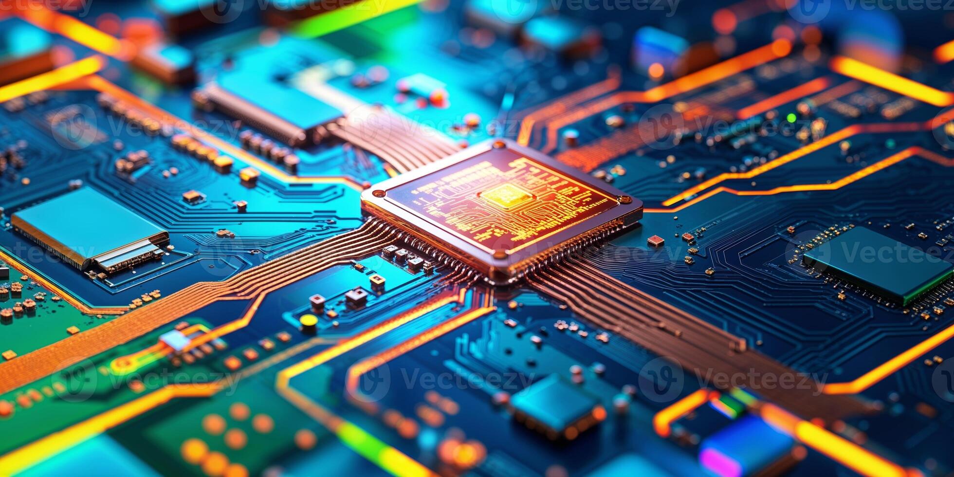 Close-up view of a vibrant circuit board showcasing technological advancement in electronic design photo