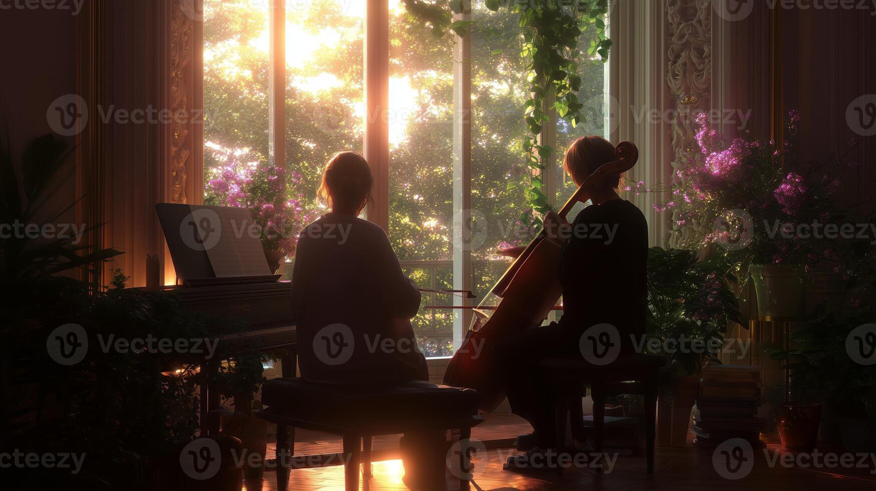 Musicians play cello and piano in a sunlit room surrounded by plants during a tranquil evening photo