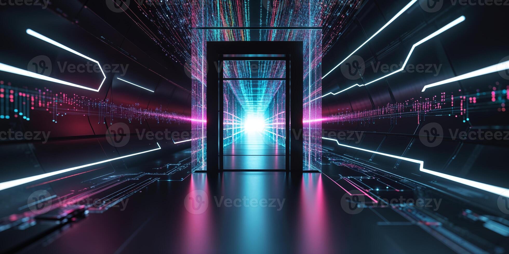 Modern digital corridor with glowing neon lights and abstract patterns at night photo