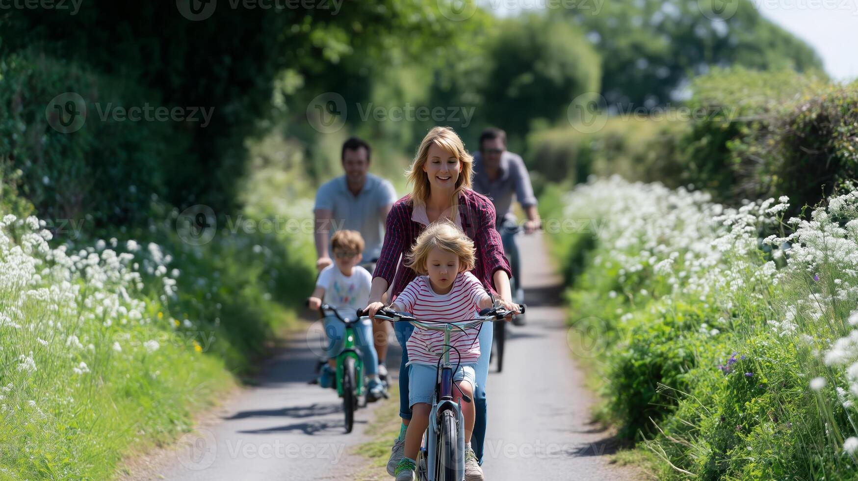 Family enjoys a bike ride along a scenic country path on a sunny day photo