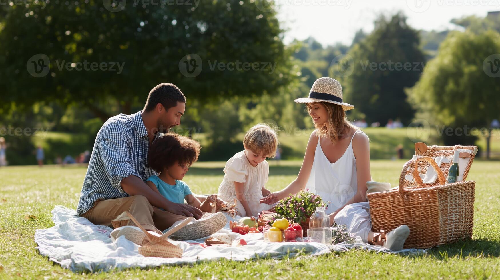 Family enjoys a picnic in the park during a sunny afternoon with children engaging in playful activities photo
