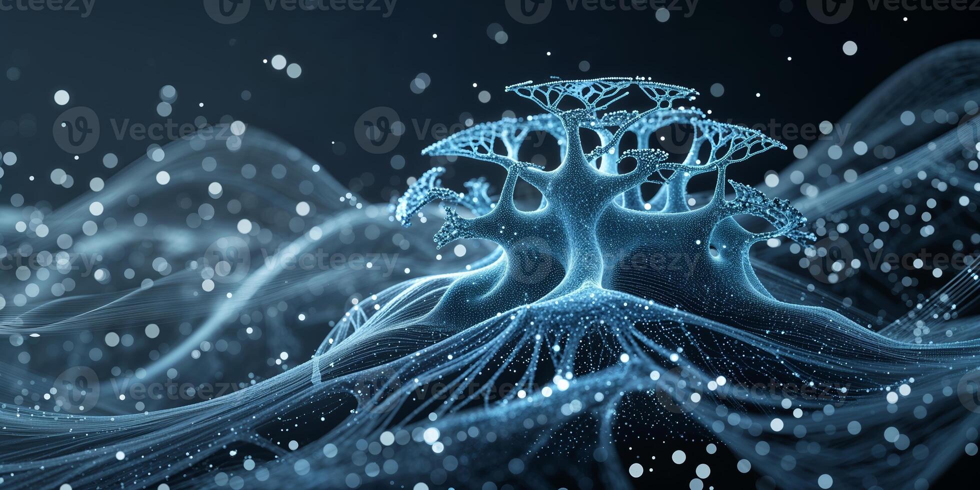 Digital landscape showcasing abstract tree-like formations amidst flowing blue waves and sparkling particles in a futuristic setting photo