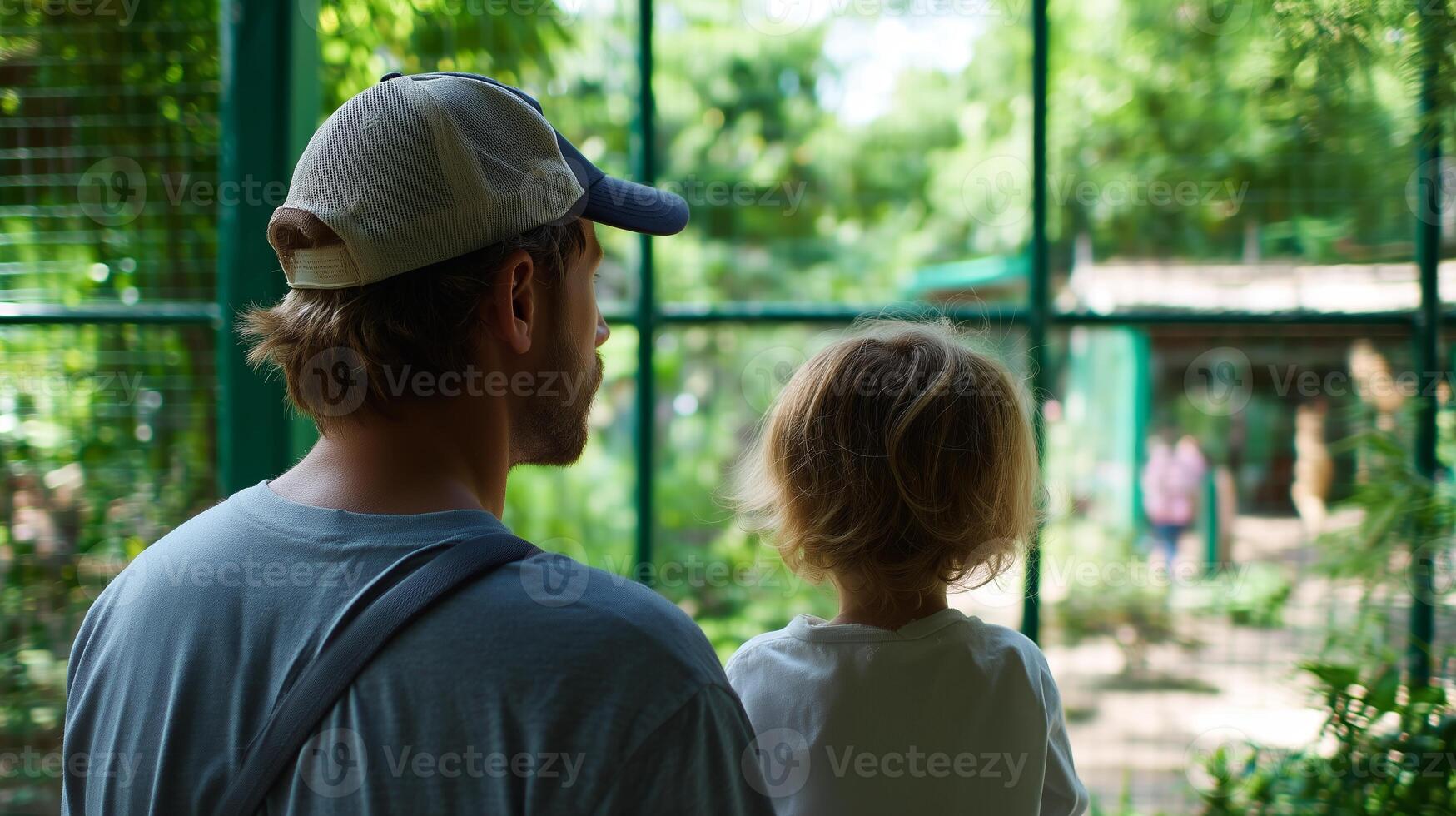 Father and child enjoying a day at the zoo observing animals in a lush green environment photo