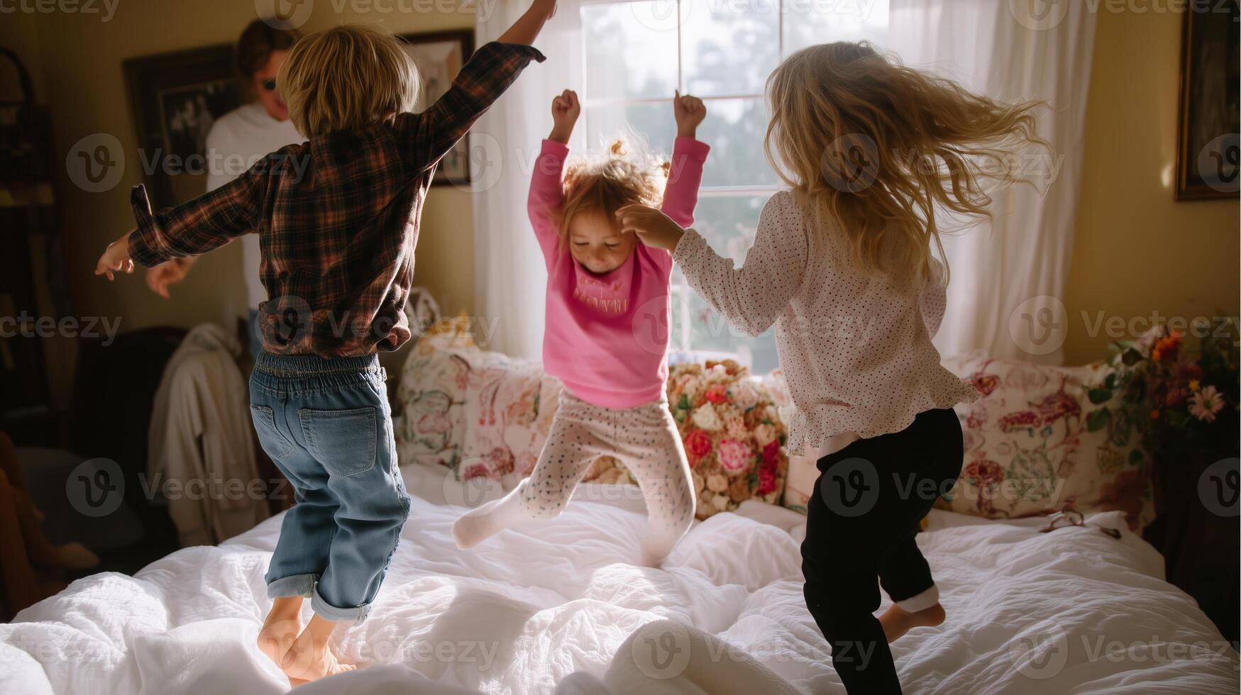 Children enjoy jumping on a bed during a joyful family gathering in a cozy living room in the afternoon sunlight photo