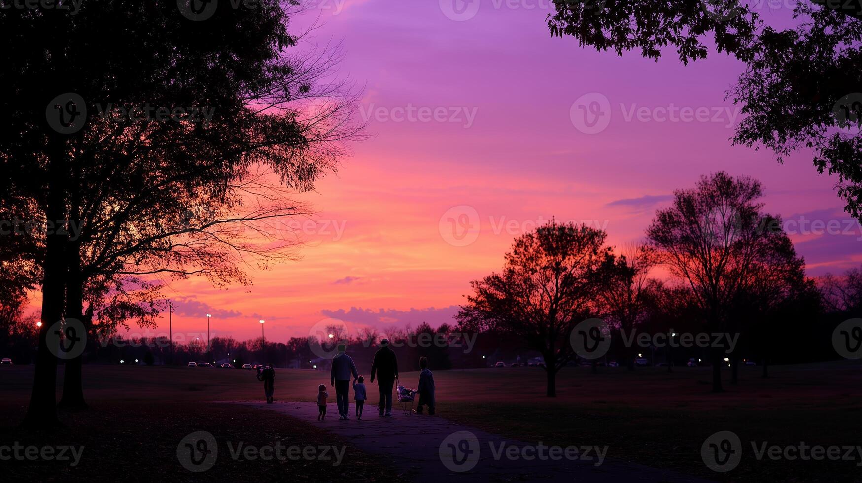 Family strolls through a park under a vibrant purple sunset in early evening photo