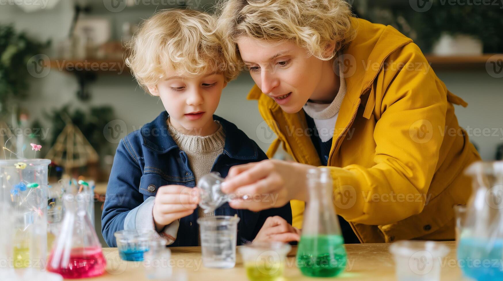 Mother and child conducting fun science experiments at home during a sunny afternoon photo
