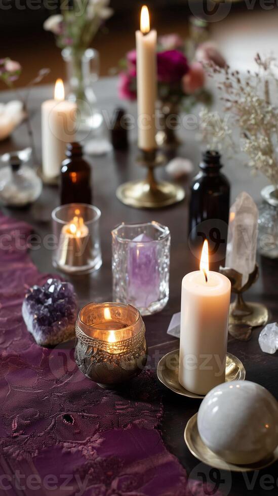 Decorative altar with candles, crystals, and flowers creating a serene atmosphere in a cozy indoor setting photo