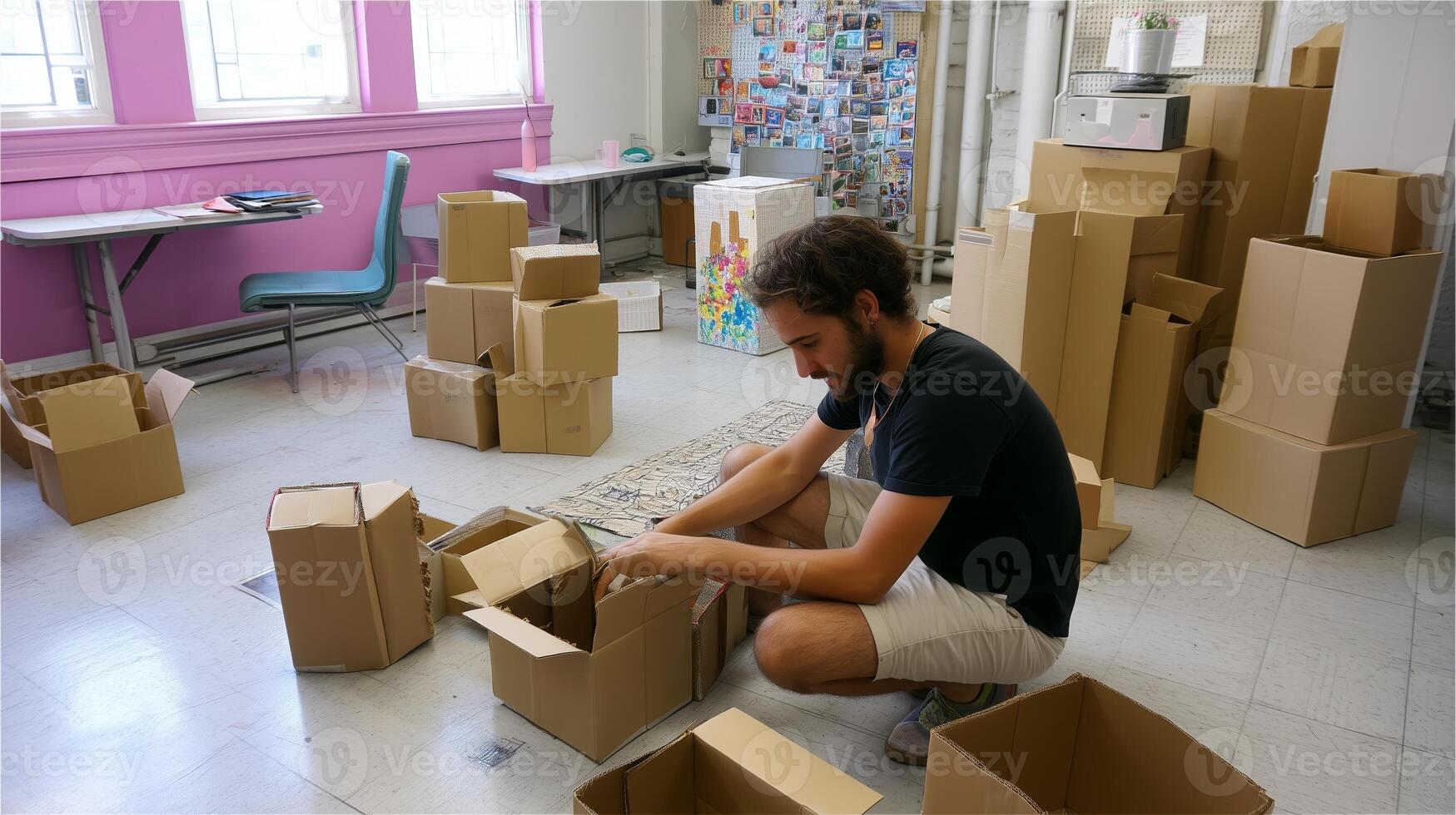 Packing boxes in a workspace, preparing for a move during the afternoon photo