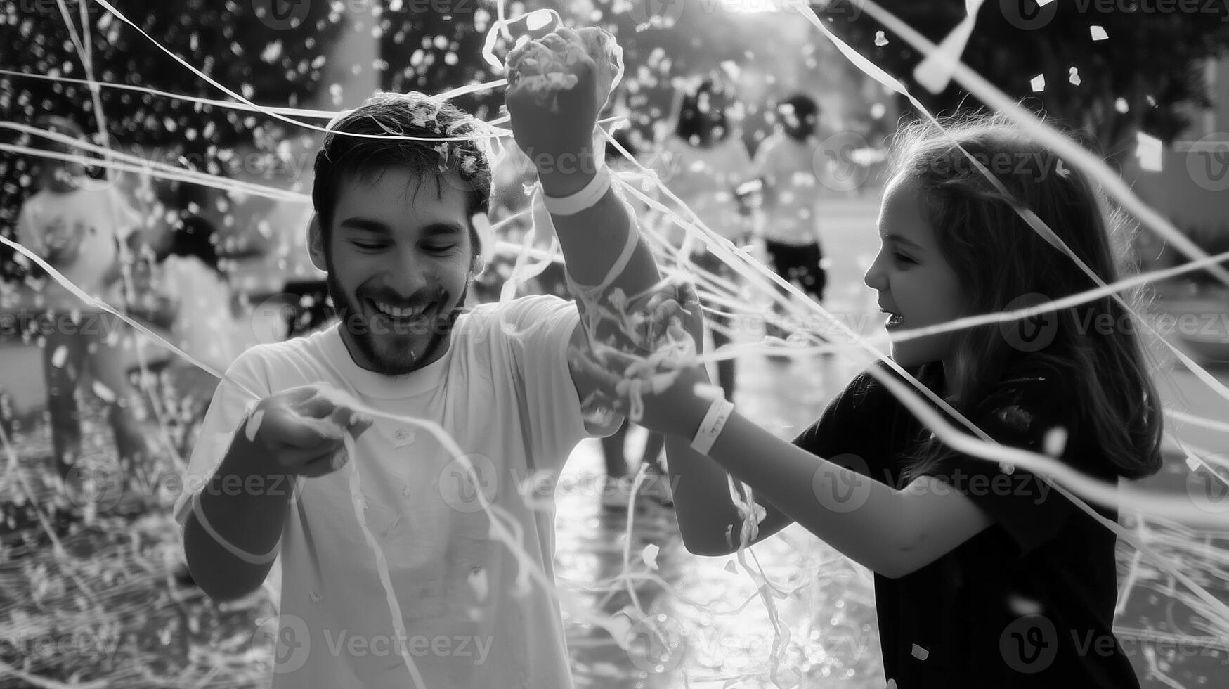 Joyful celebration with friends at a lively outdoor party during the day filled with laughter and colorful streamers photo