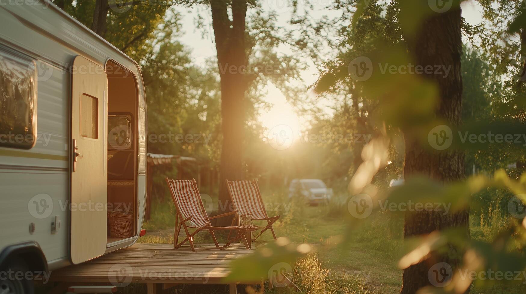 Cozy campsite at sunset with camping chairs and a trailer surrounded by trees photo
