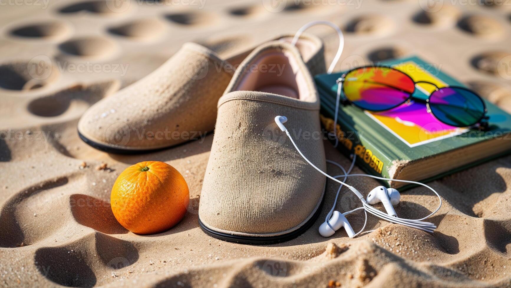 Relaxing at the beach with comfy shoes, sunglasses, an orange, and a book on a sunny day photo