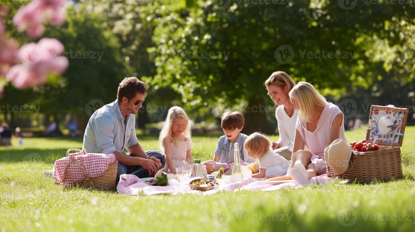 Family enjoying a picnic in a sunny park surrounded by trees and flowers during a warm afternoon in springtime photo