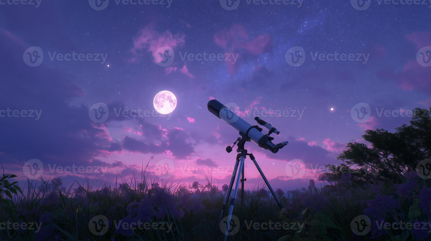 Stargazing at night under the bright moon with a telescope in a beautiful landscape photo