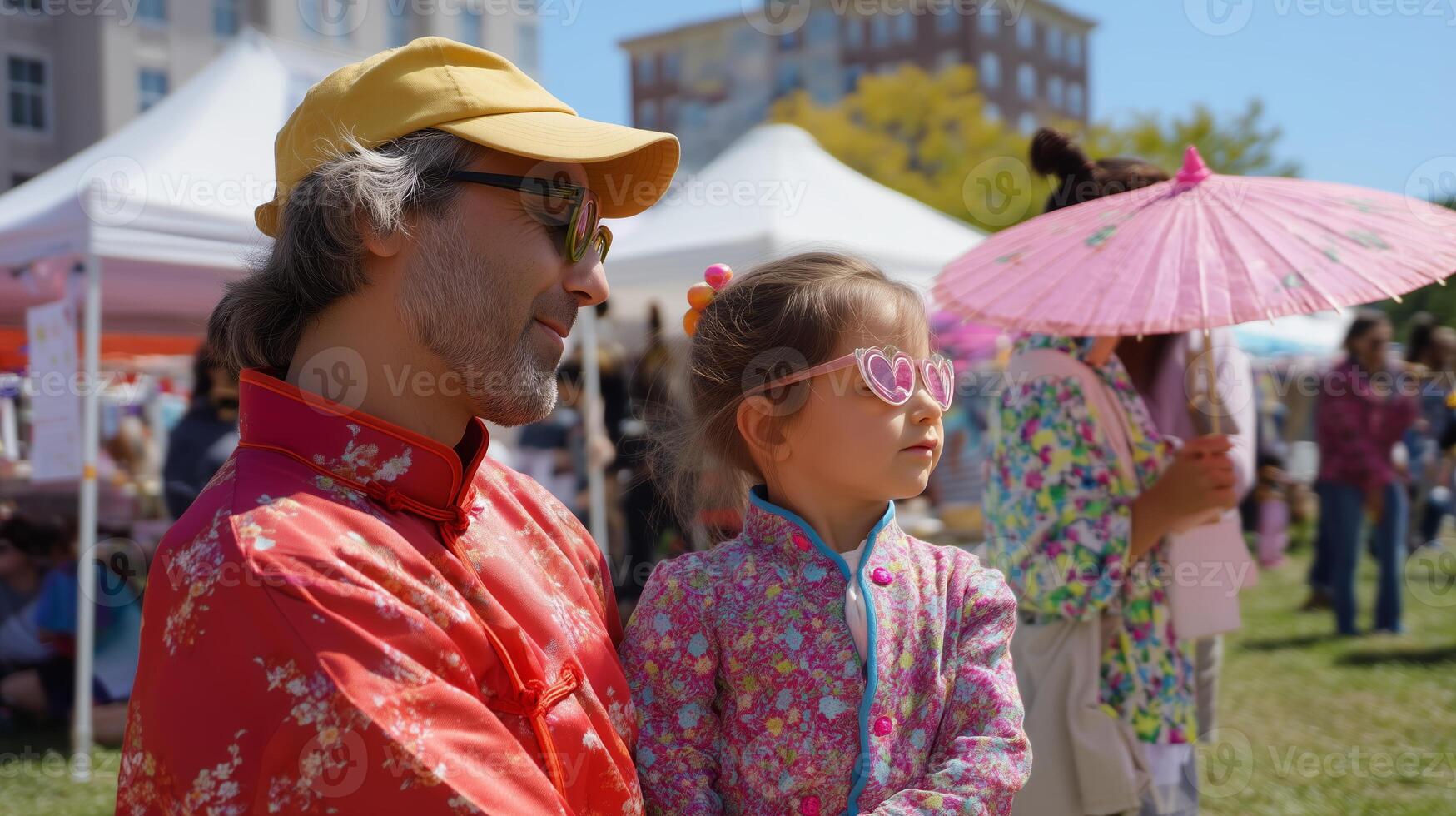 Family enjoys cultural festival under clear skies with bright tents in vibrant neighborhood park photo