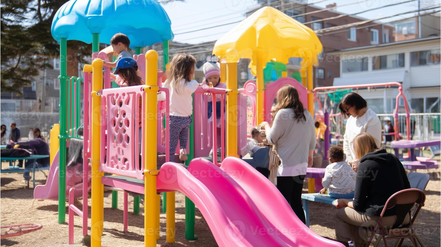 Children enjoy a sunny day playing on colorful playground equipment at a park in an urban area photo