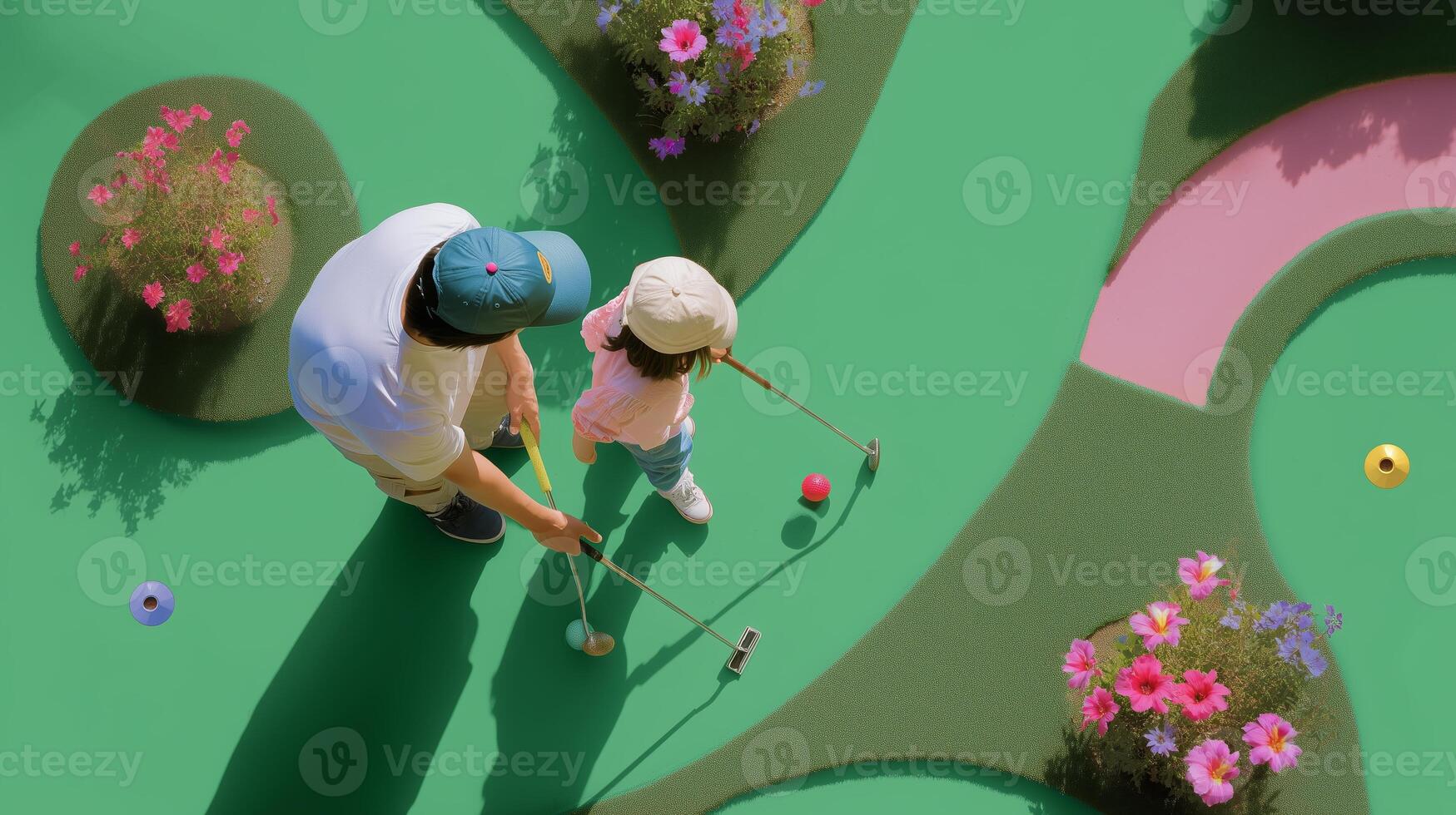 Minigolf fun between a parent and child on a colorful course filled with flowers in the afternoon photo